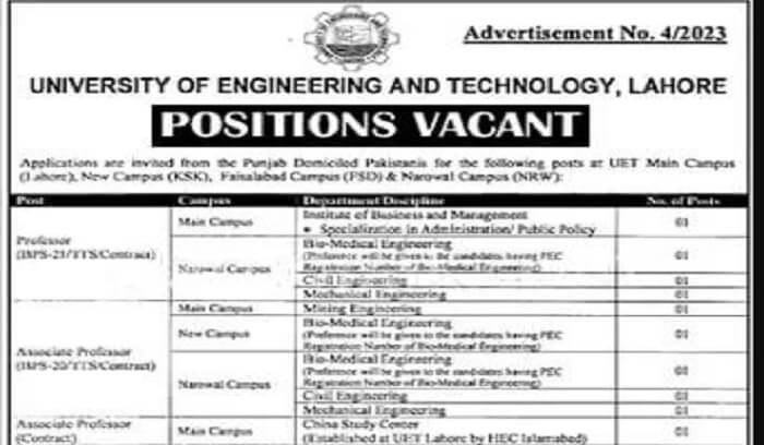 Uet Lahore Jobs University Of Engineering And Technology Jobs