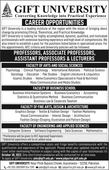 GIFT University Gujranwala Teaching Jobs 2022 Online Apply October