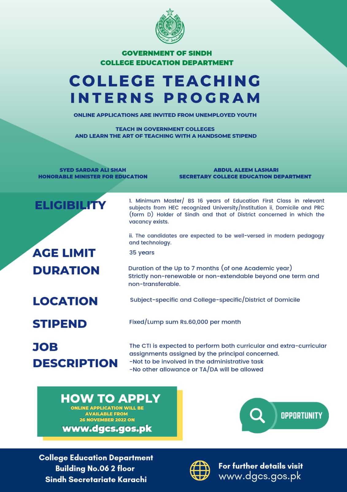 College Teacher Interns (CTI) Jobs 2022 Advertisement