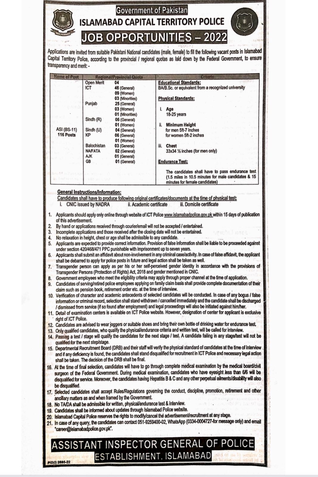 Islamabad Police ASI Jobs 2022 Online Apply | ICTP ASI Jobs