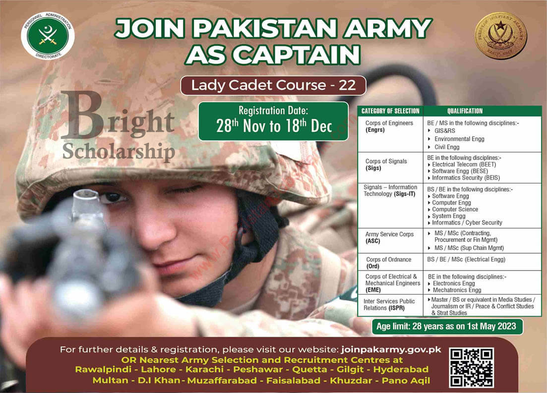 Join Pakistan Army as Lady Cadet November 2022 Advertisement