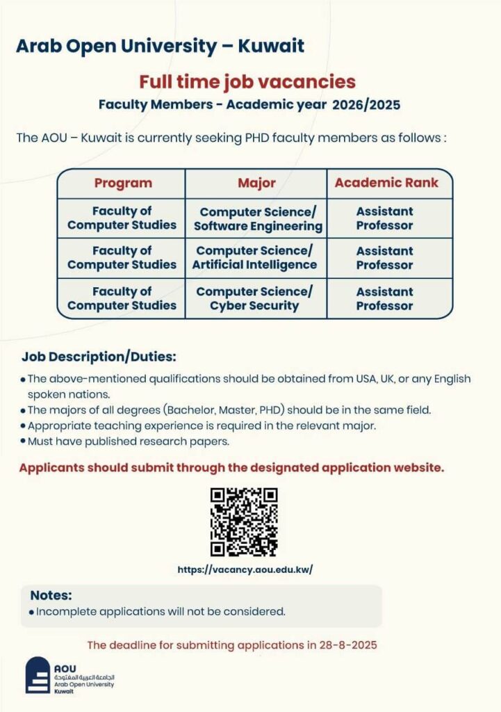 Arab Open University Kuwait Jobs 2025 Advertisement