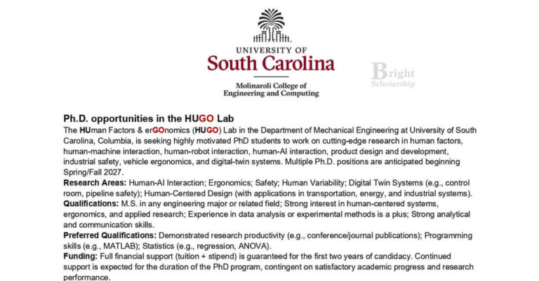 Two Fully Funded PhD Positions in HUGO Lab at the University of South Carolina, Columbia